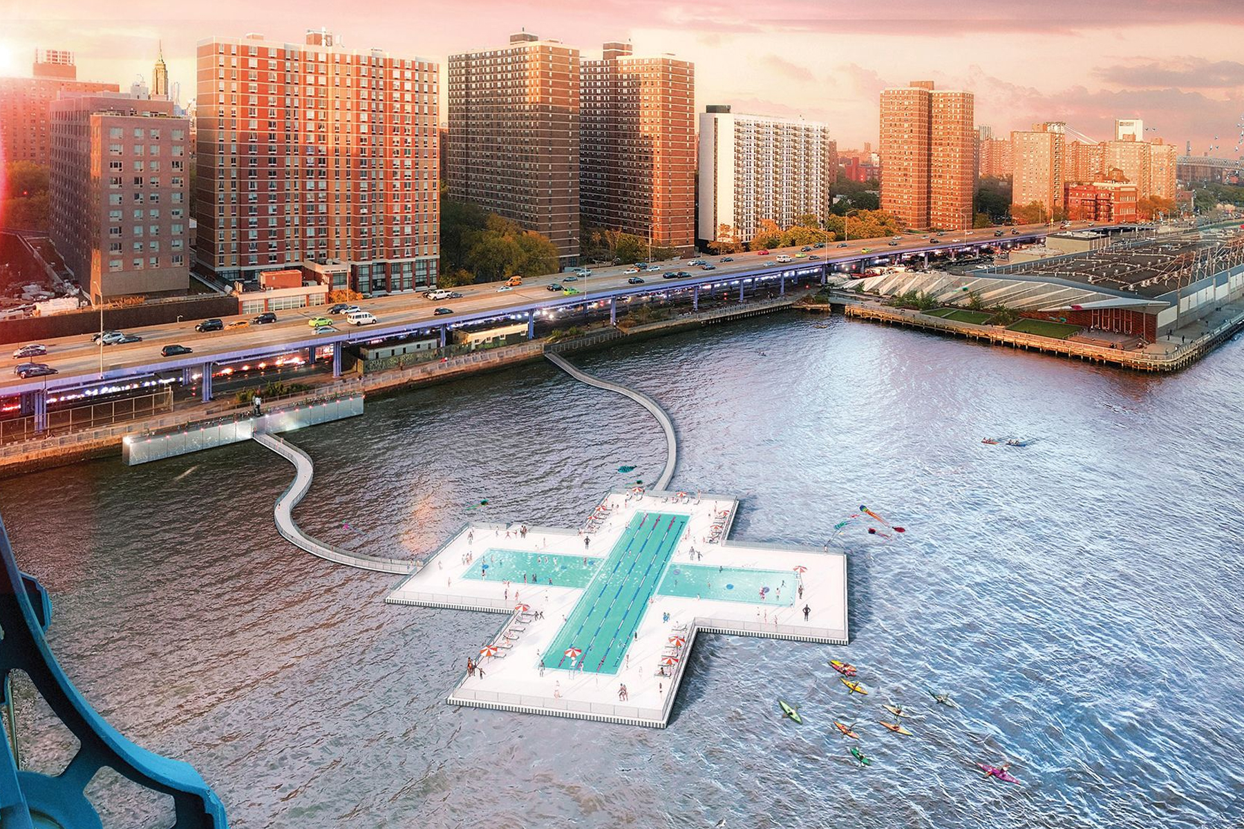 New York piscina galleggiante fiume grattacieli +POOL