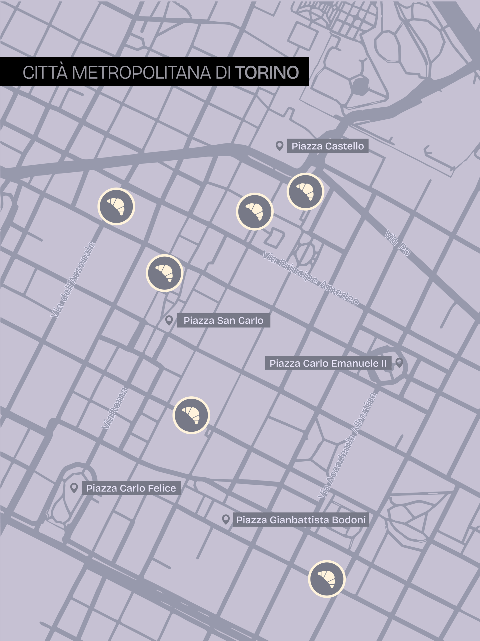 Mappa città di Torino Colazioni Bakery Bar storici