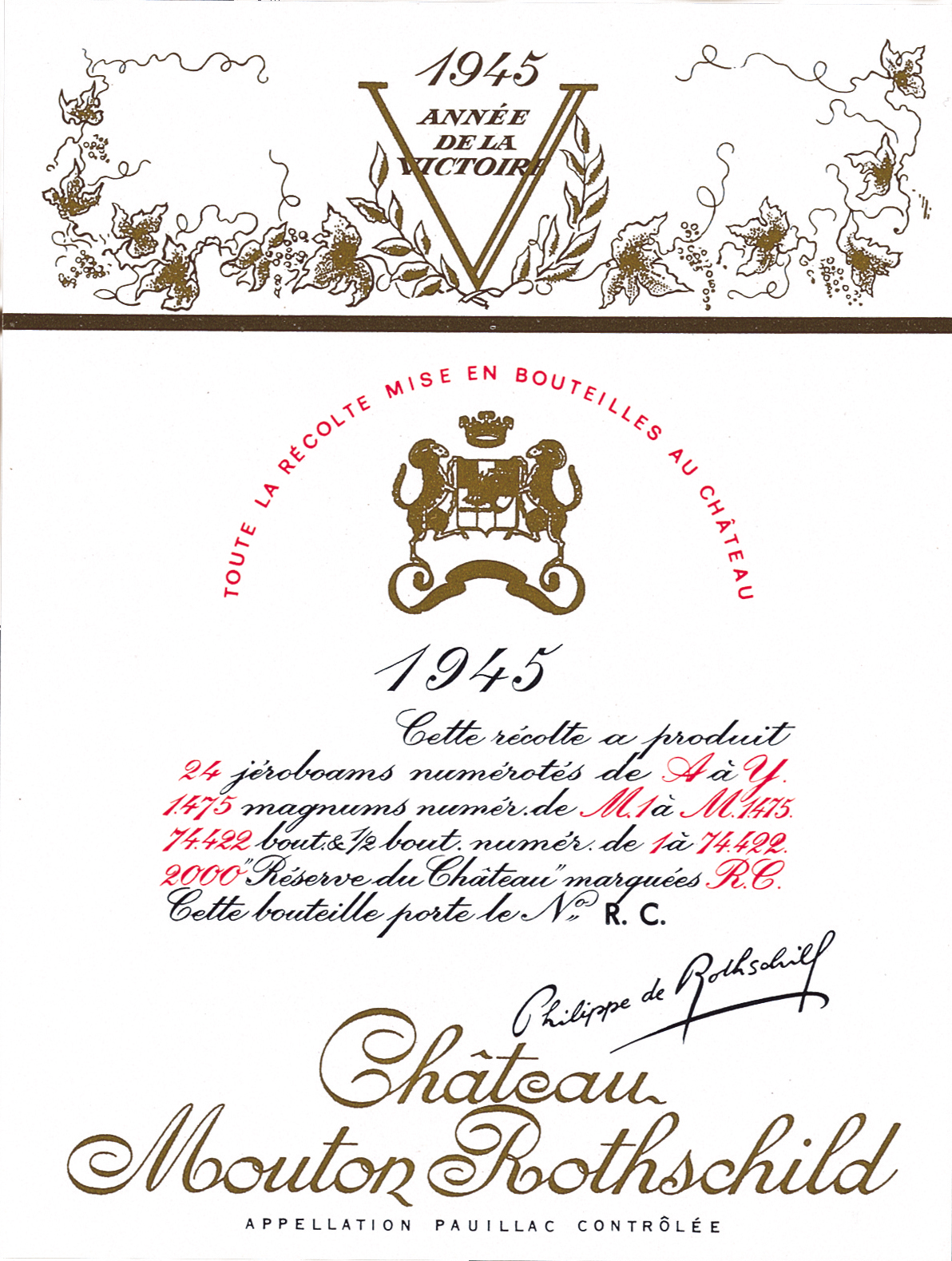 etichette artisti Château Mouton Rothschild label vino 1945 Philippe Jullian