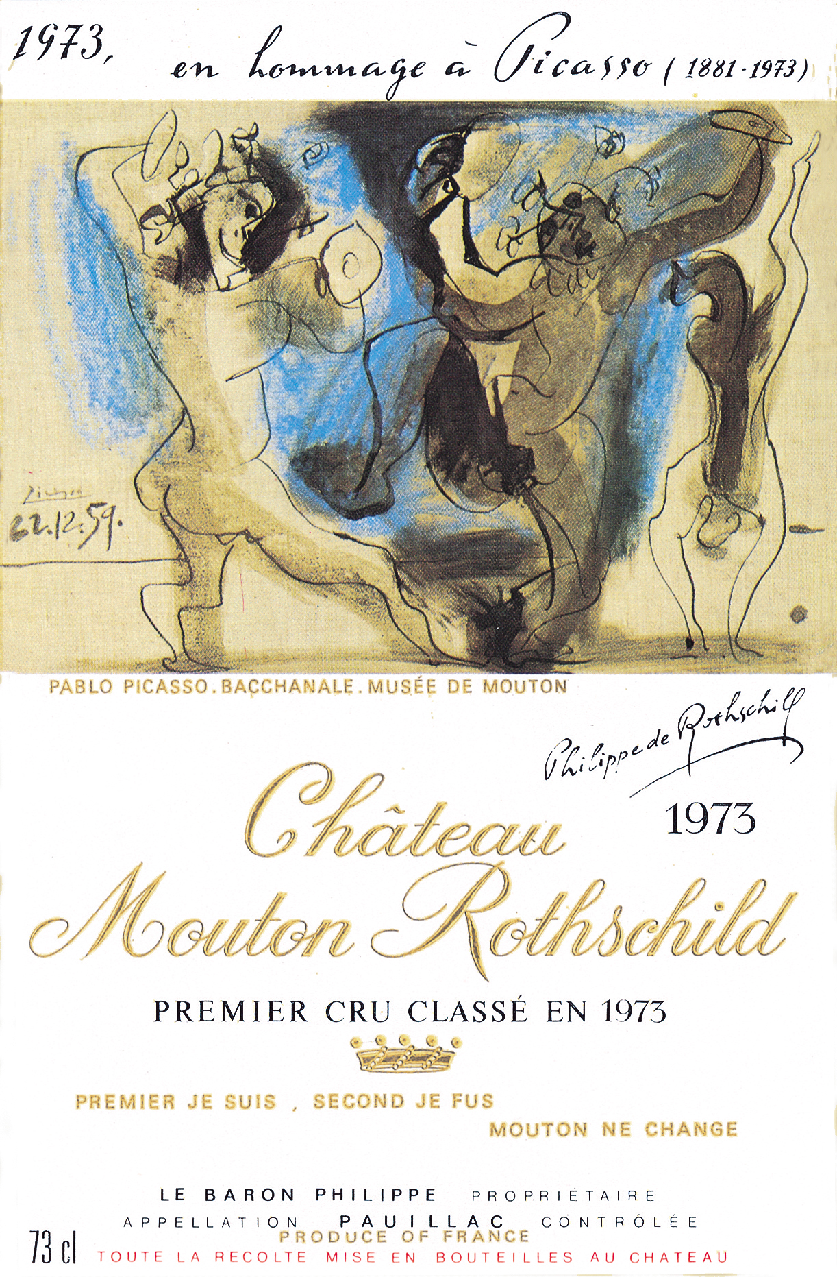 etichette artisti Château Mouton Rothschild label vino 1973 Pablo Picasso